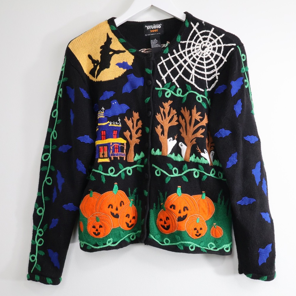 Designers Originals Studio Halloween Cardigan Witch Ghost Pumpkin Black Small